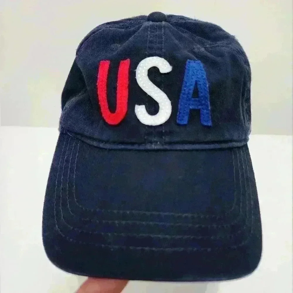 Old Navy USA Baseball Cap Hat Adjustable Strap Navy Red Blue Embroidered OS